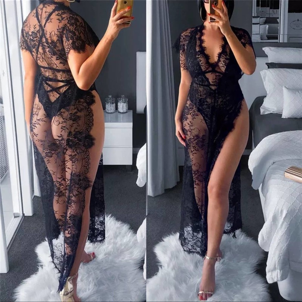 Sexy Maxi Lace Split Ankle-length Black See Through Dress V Neck Robe - SMALL